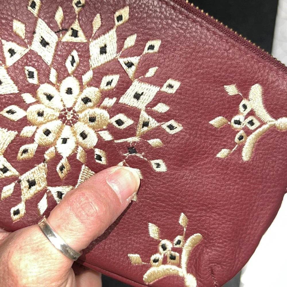 Lucky Brand Embroidered Leather Wristlet Pouch Women OS Burgundy Good Boho